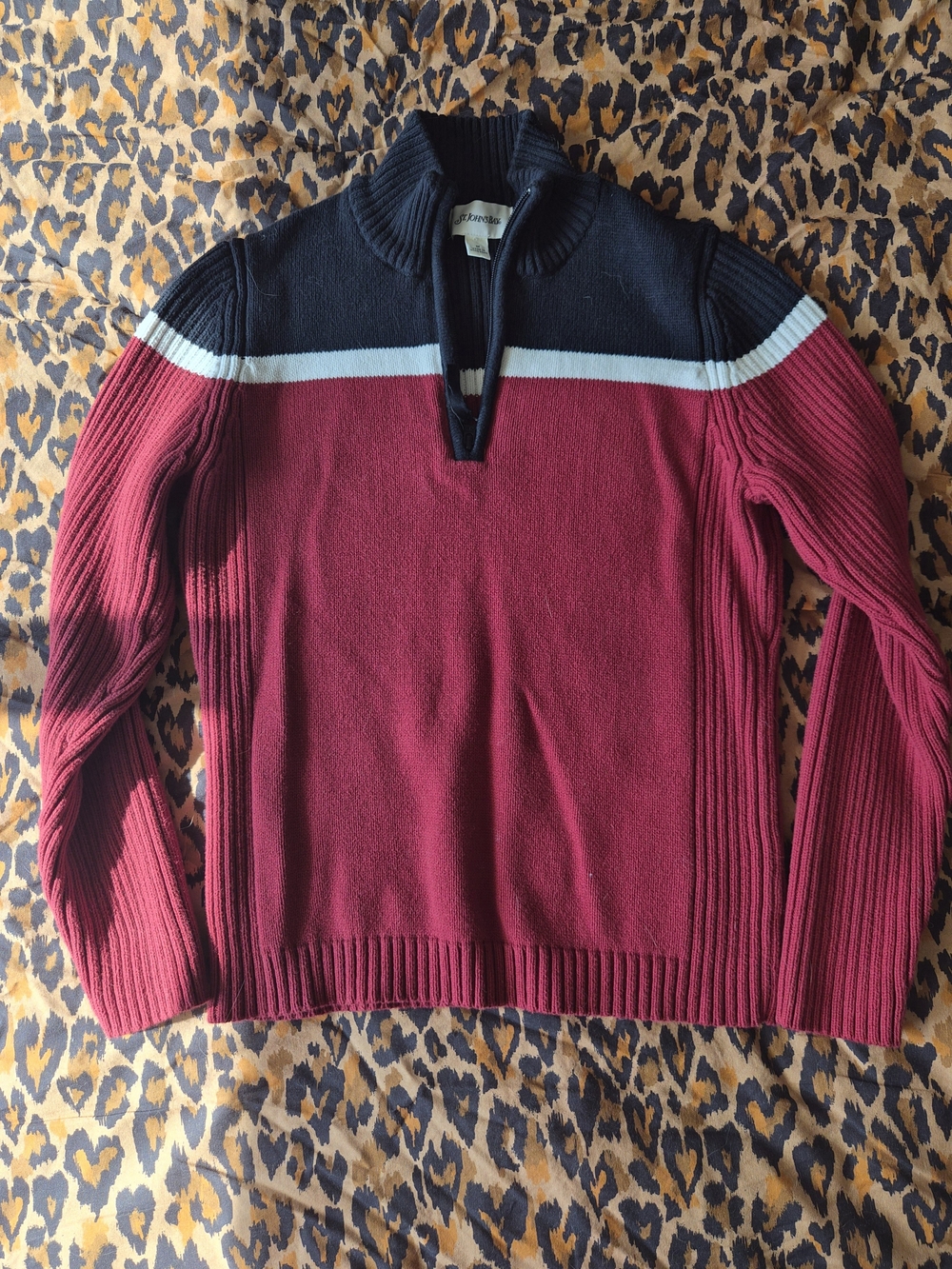 St. John's Bay Men’s Burgundy Zip-Up Sweater with Black & White Stripes